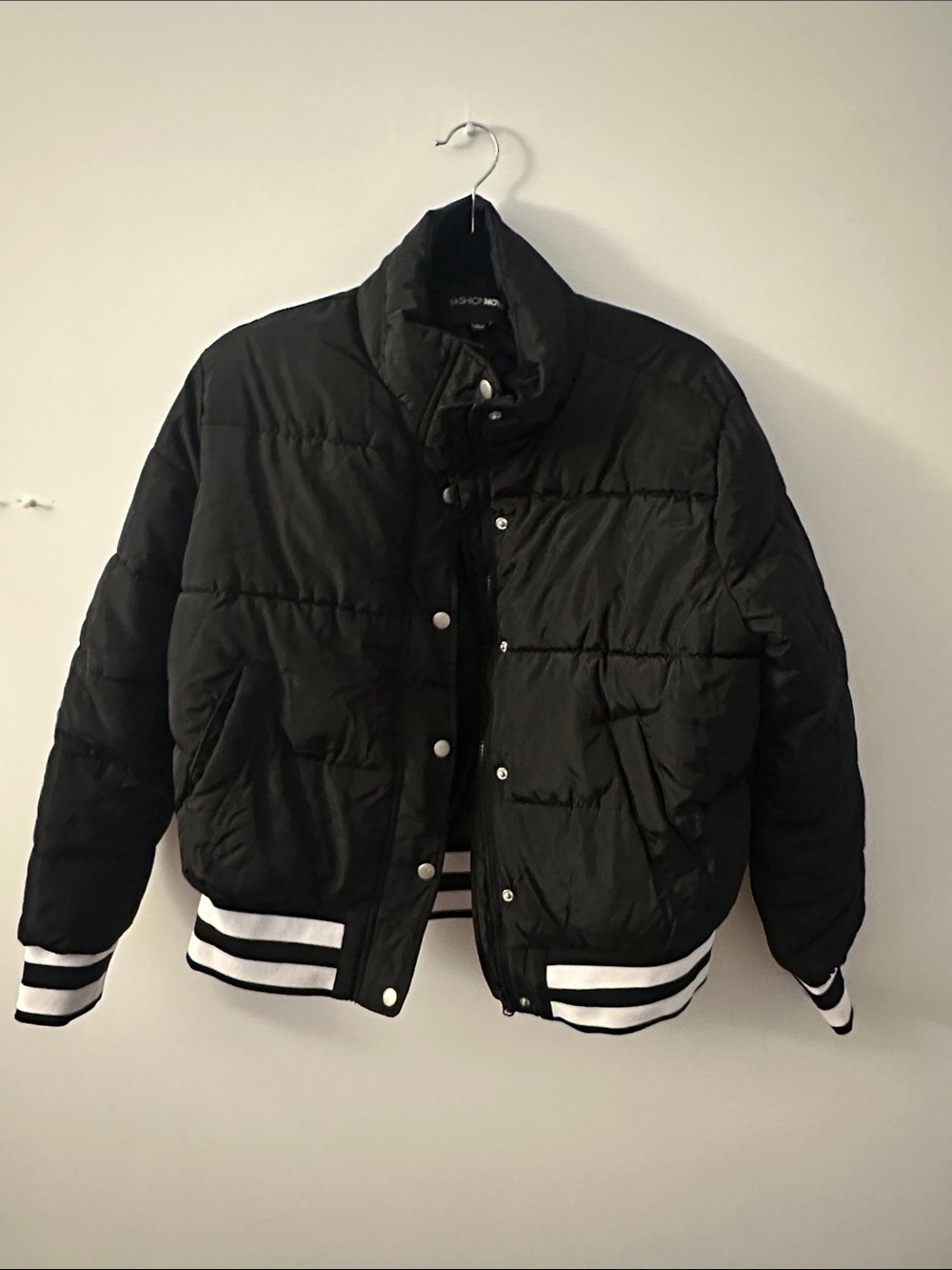 Fashion Nova Black Puffer Bomber Jacket with White Striped Trim